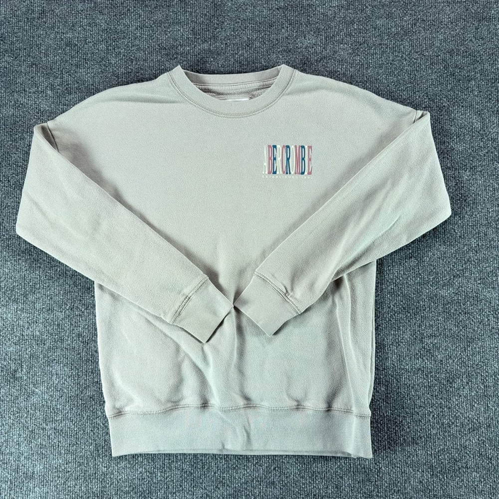 Abercrombie Kids Logo Sweatshirt Tan Crewneck Fleece Pullover Size 13/14 Large